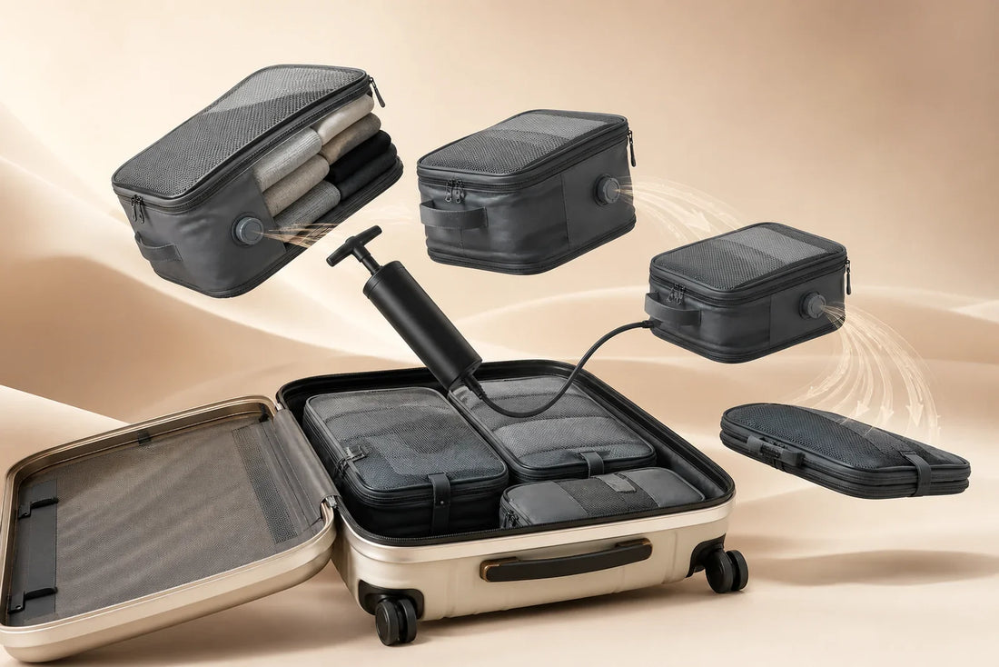 PackLite Air Cubes compressing with the hand pump above an open suitcase