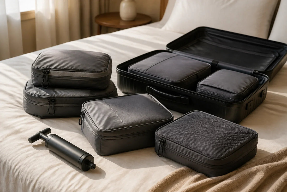 Compression packing cubes beside an open carry on suitcase on a hotel bed