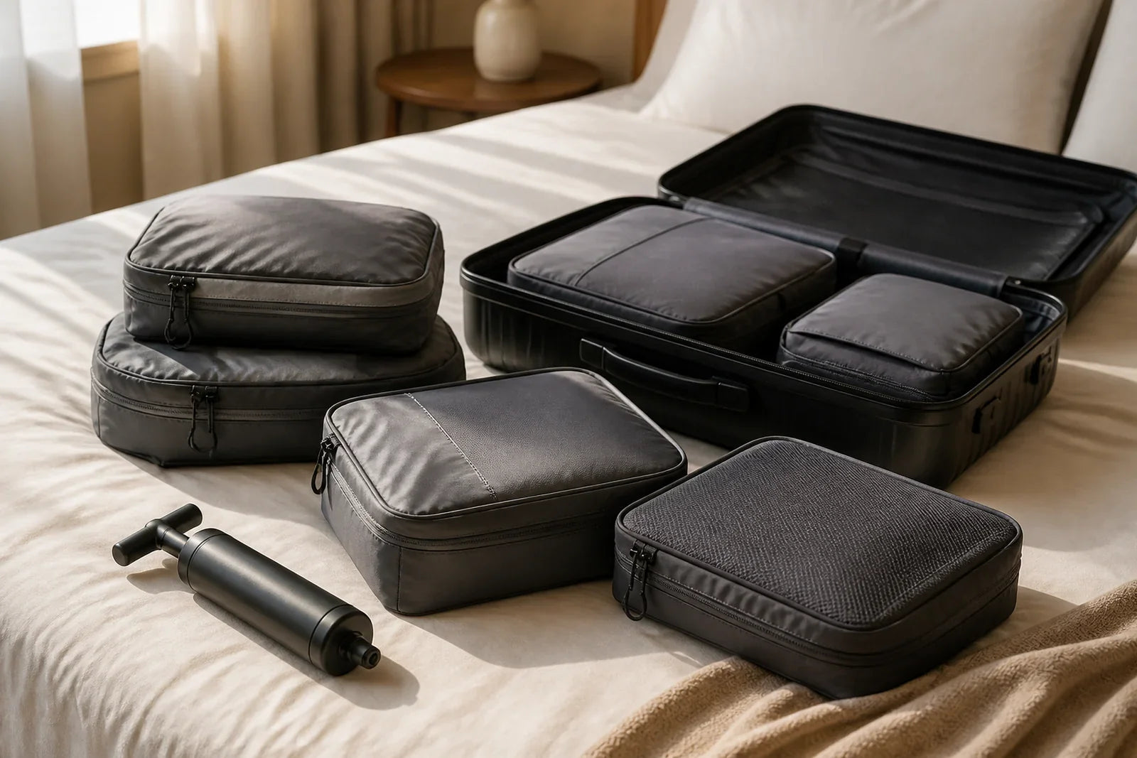 Compression packing cubes beside an open carry on suitcase on a hotel bed