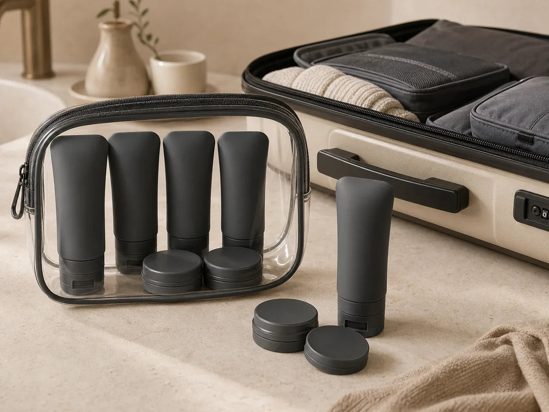 PackLite toiletry kit with refillable travel bottles beside a packed suitcase