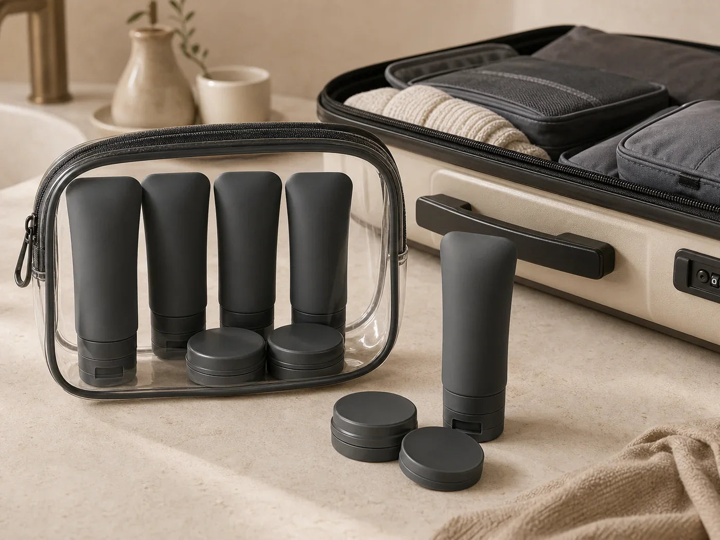 PackLite toiletry kit with refillable travel bottles beside a packed suitcase