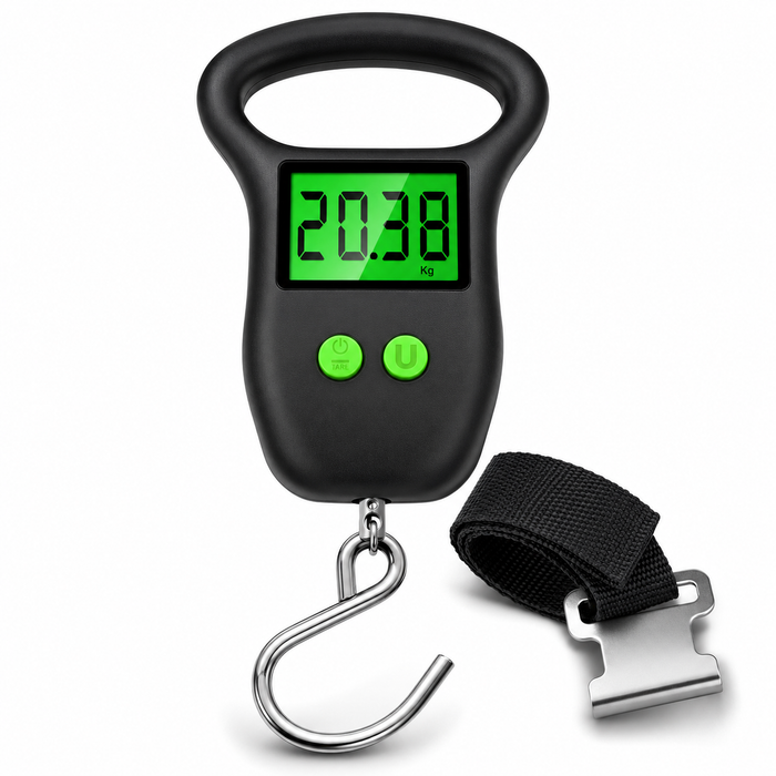 PackLite Digital Luggage Scale display showing bag weight in pounds and kilograms