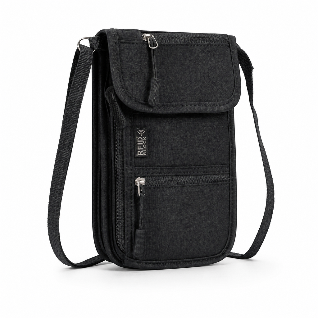 PackLite Neck Wallet worn flat under clothing with adjustable lanyard