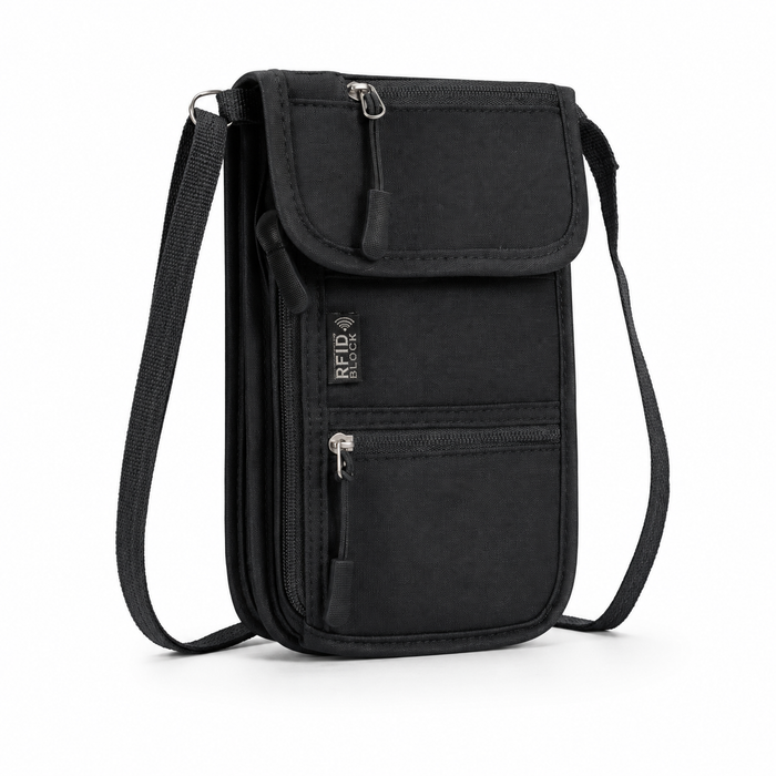 PackLite Neck Wallet worn flat under clothing with adjustable lanyard