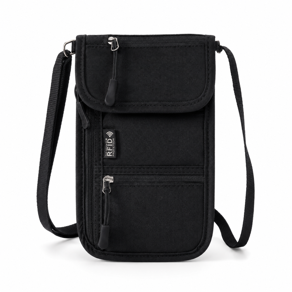PackLite Carry-On Kit — included neck wallet and RFID passport sleeve