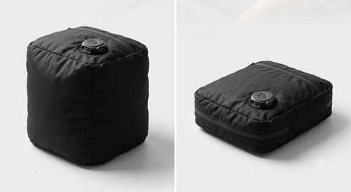 PackLite AirCube before and after vacuum compression, showing size reduction