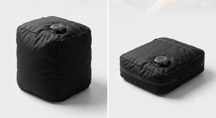 PackLite AirCube before and after vacuum compression, showing size reduction
