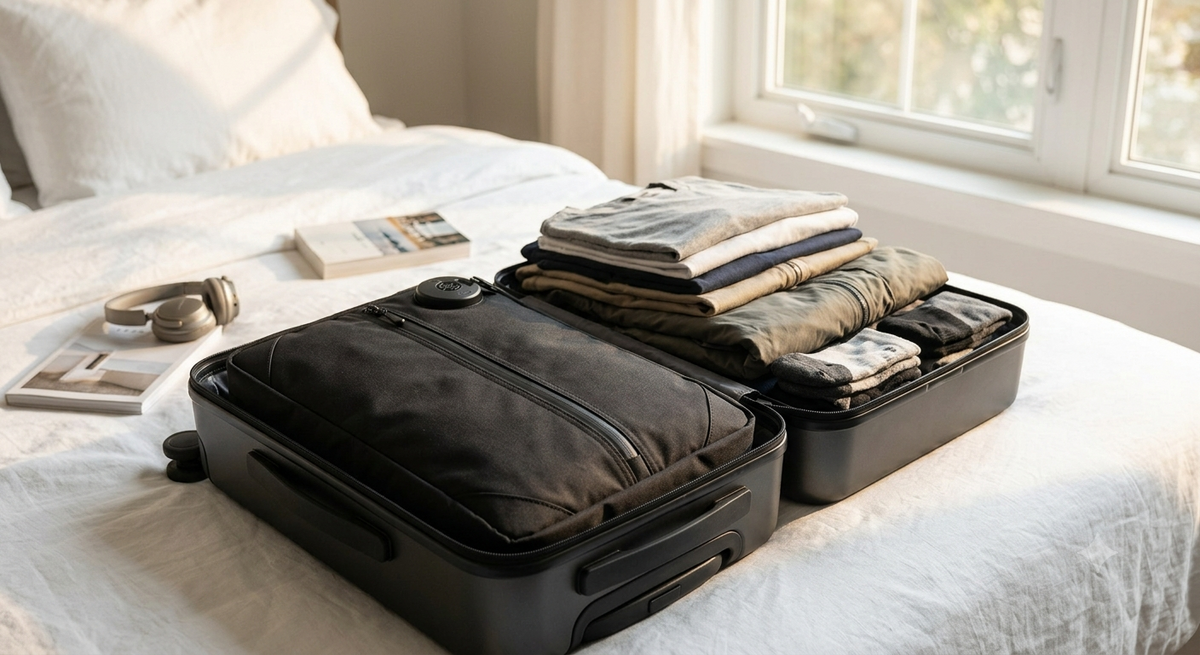 PackLite AirCube compressed flat inside an open carry-on suitcase