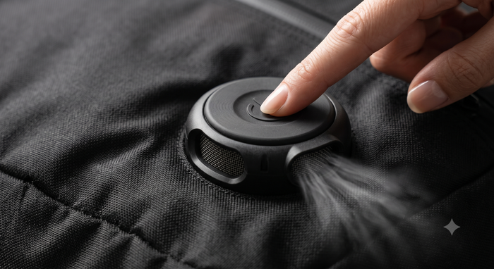Close-up of the AirCube built-in rechargeable air pump compressing the bag