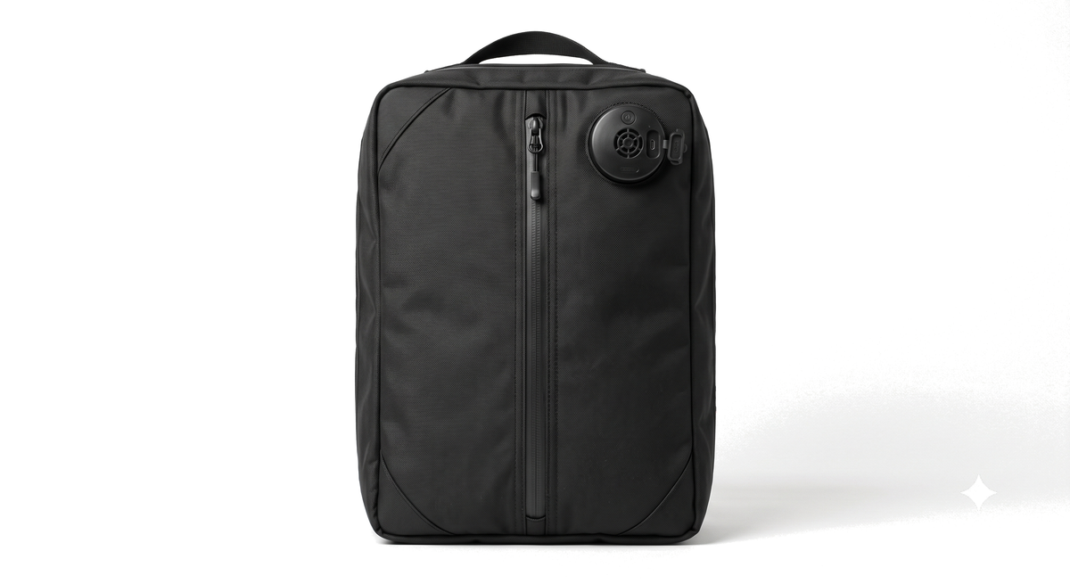 PackLite AirCube 20L vacuum compression travel bag, front view, black