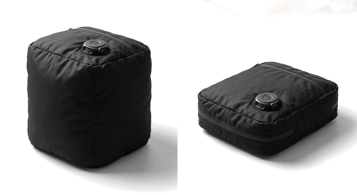 PackLite AirCube 20L shown full and compressed, black
