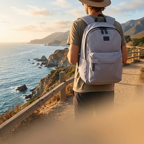Traveler wearing the PackLite packable daypack on a coastal overlook path