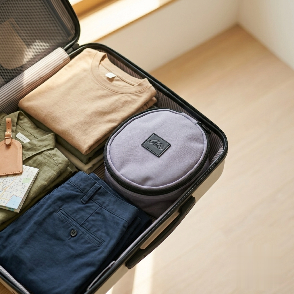 Folded PackLite daypack pouch tucked into an open carry-on suitcase