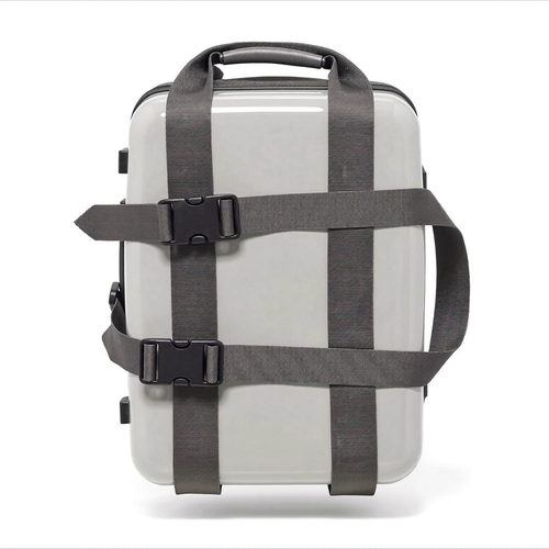 PackLite Luggage Straps in dark gray wrapped around a carry-on suitcase on white background