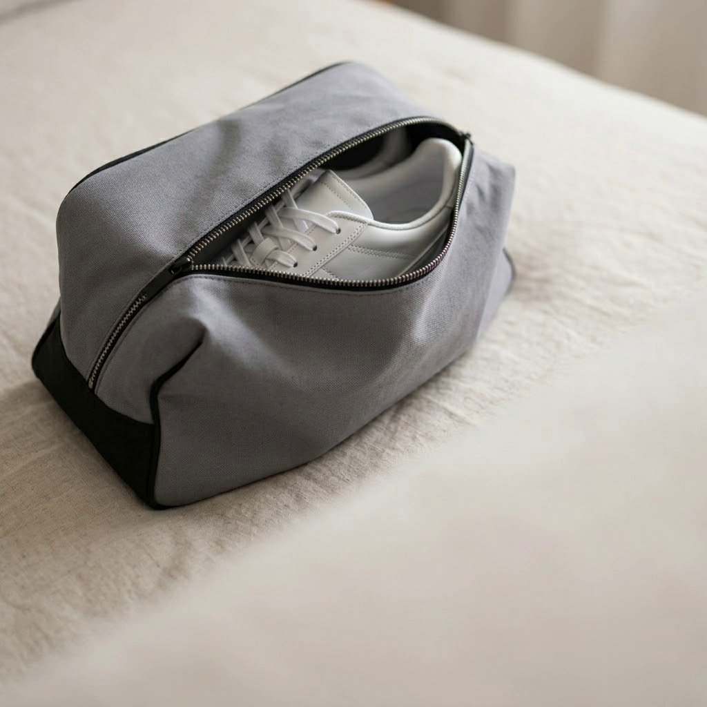 Closeup of a PackLite shoe bag with the zipper open showing a white sneaker