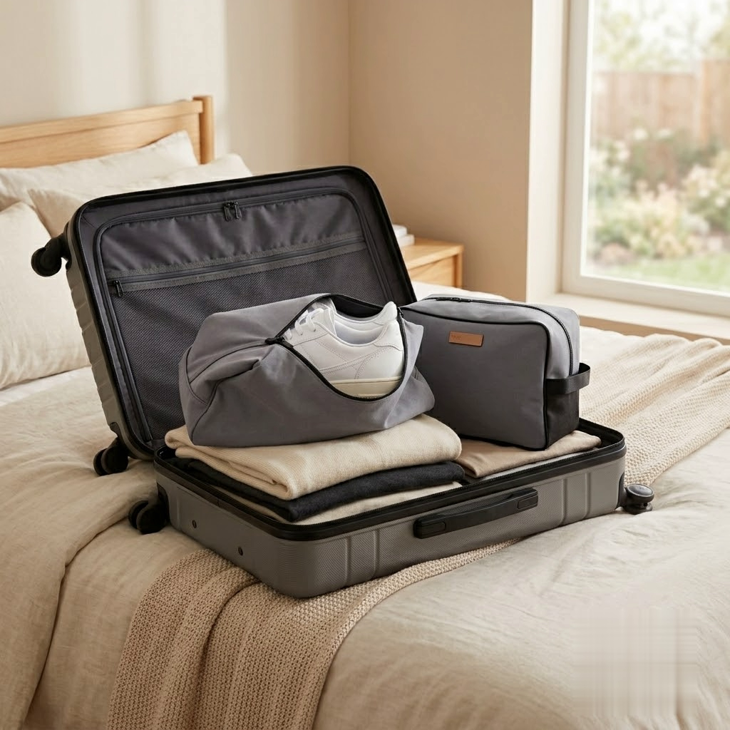 PackLite shoe bag with white sneakers packed inside an open carry-on suitcase on a bed