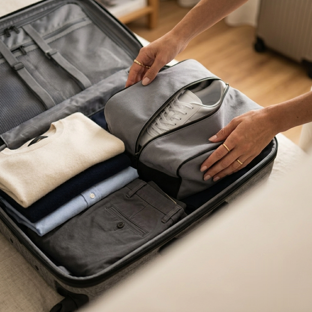 Hands placing a filled PackLite shoe bag into a packed carry-on suitcase