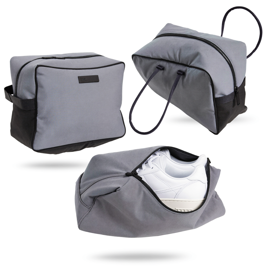 PackLite Shoe Bags set of three in slate gray on white background, one open with white sneakers