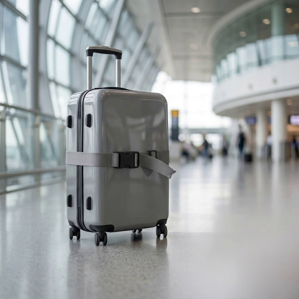 Suitcase secured with a PackLite luggage strap in a bright airport terminal