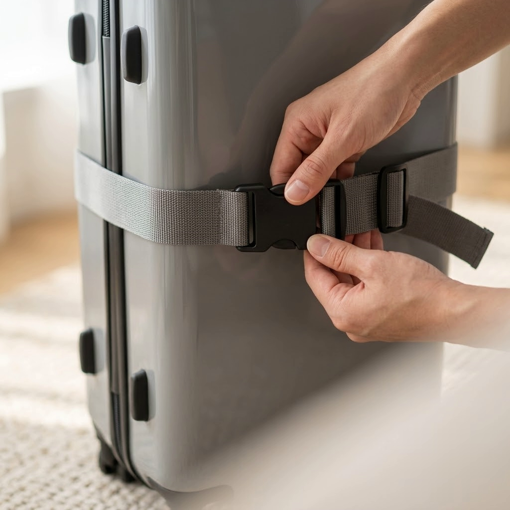 Hands clicking the buckle of a PackLite luggage strap around a suitcase