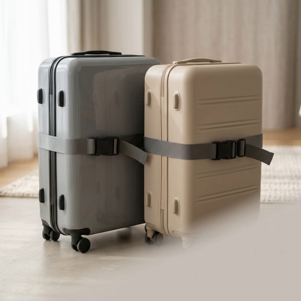 Two suitcases side by side each secured with a PackLite luggage strap