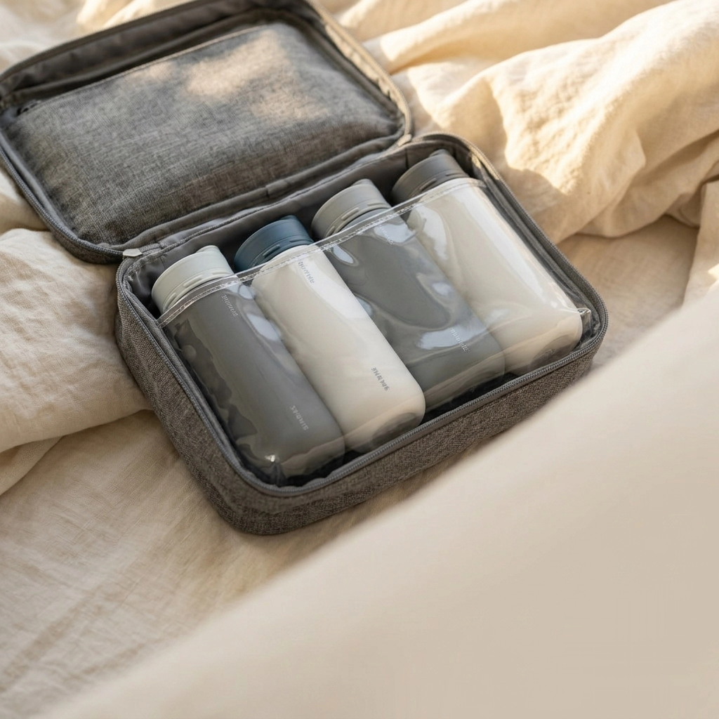 PackLite travel bottles packed upright in a gray travel case on a bed
