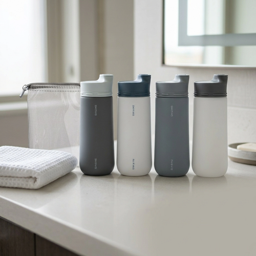 PackLite travel bottles standing on a hotel bathroom counter next to a TSA quart bag