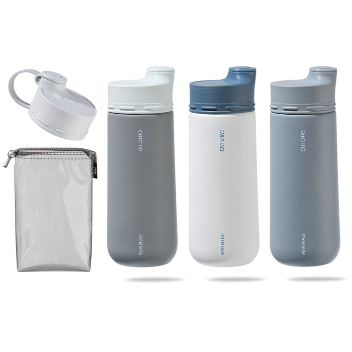 PackLite Travel Bottles silicone four-piece set with clear pouch on white background